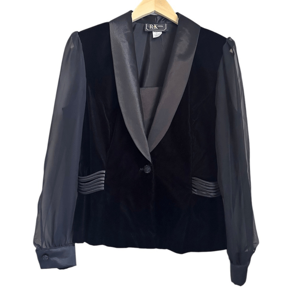 Vintage RK Evenings 10 Black Velvet Blazer Sheer Sleeves Satin Lapel 90s
